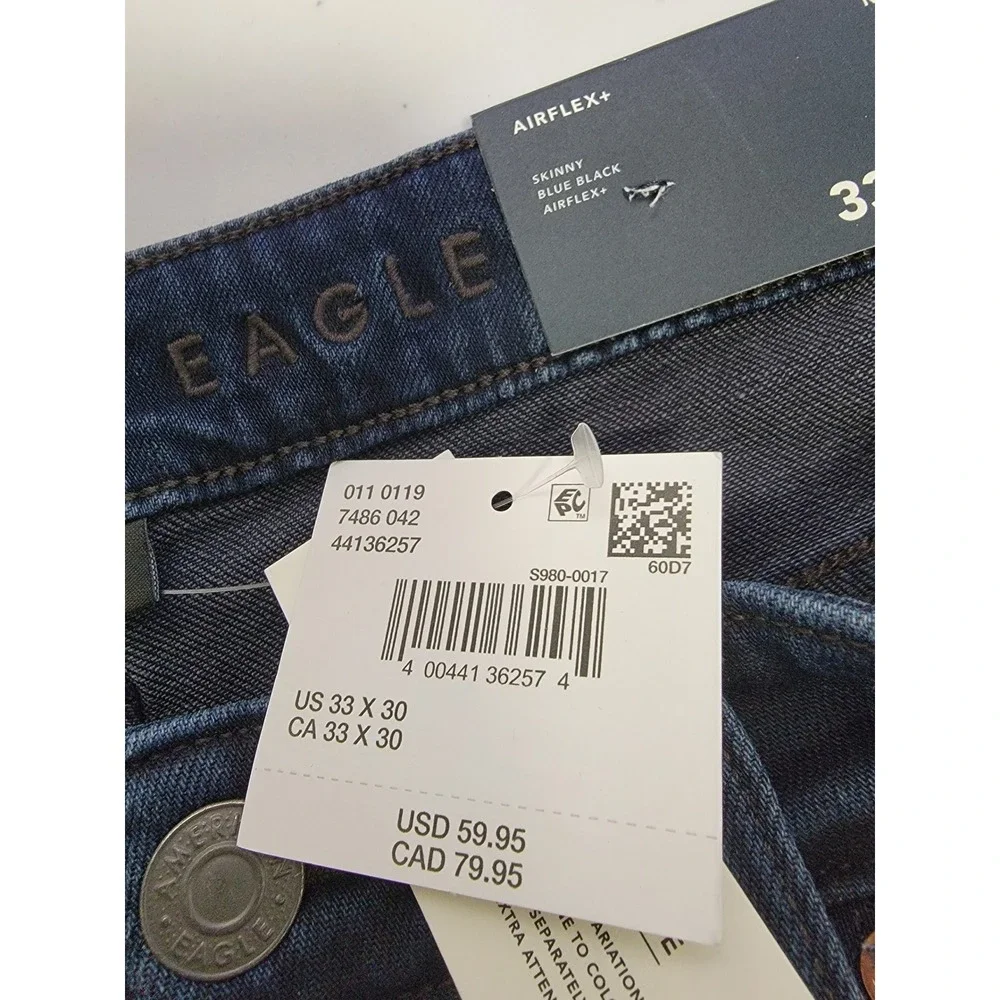 American Eagle Skinny Jeans Mens 33x30 Blue Black NWT AirFlex+ 0119-7486-042
